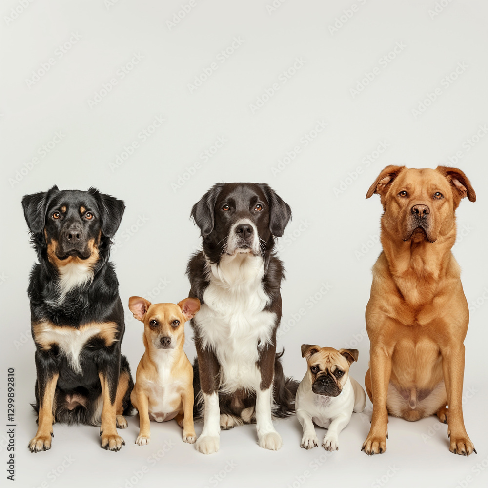Five dogs of different breeds sitting against a white background. Five dogs of different breeds sitting against a white background.