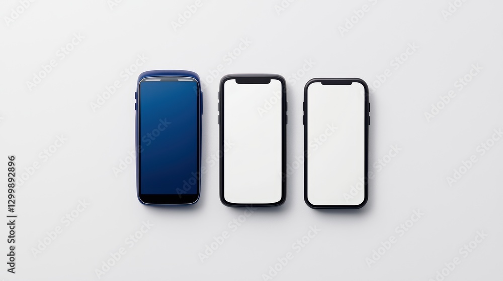 Three Smartphone Models with Blank Screens on Minimalist Background Three Smartphone Models with Blank Screens on Minimalist Background