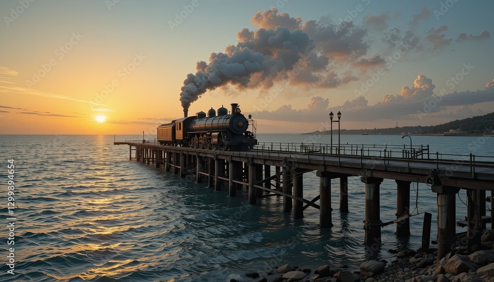 Fototapeta premium Tranquil steam train sunset over water