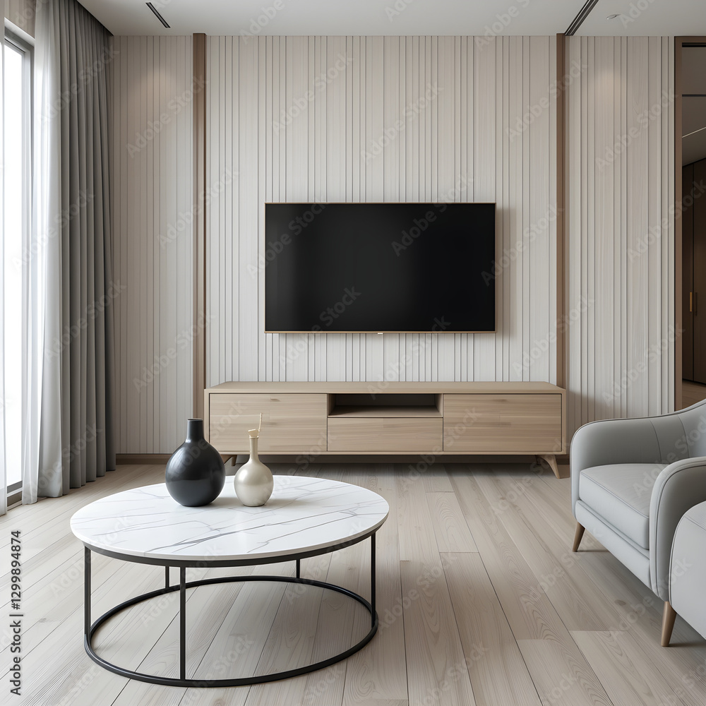 Naklejka premium Minimalist Living Room | Wood-Like Paneling & Mounted TV