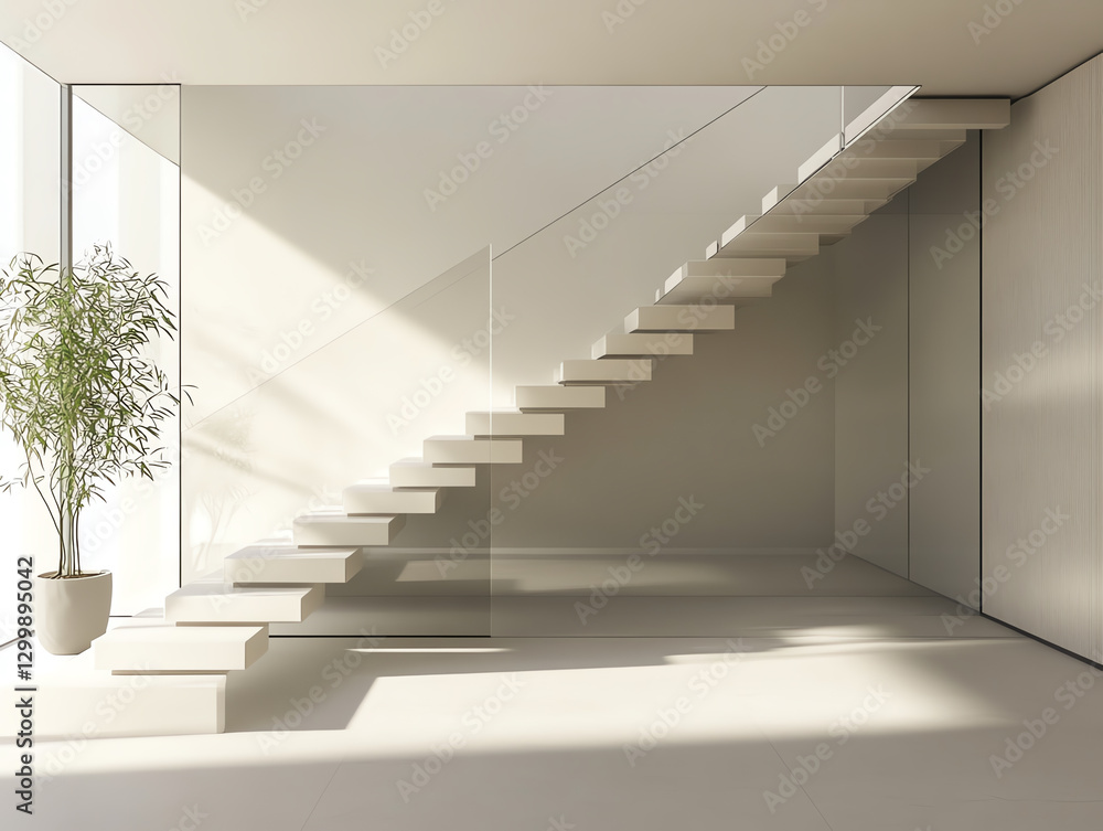 Fototapeta premium Modern staircase design with natural light and minimalistic decor enhances interior elegance.