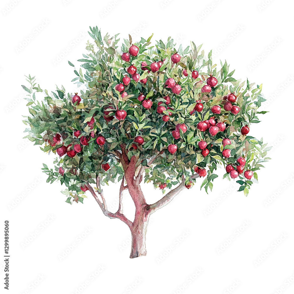 A watercolor painting showcases a tree abundantly filled with ripe red fruit in a colorful illustration. A watercolor painting showcases a tree abundantly filled with ripe red fruit in a colorful illustration.