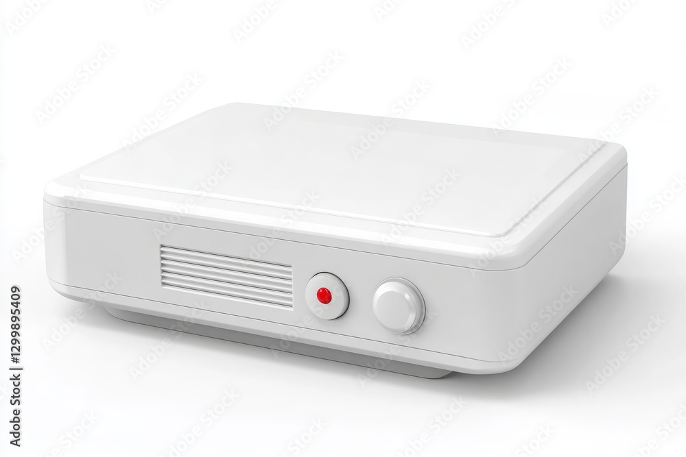 Compact White Device with Button and Indicator Light on White Background Compact White Device with Button and Indicator Light on White Background