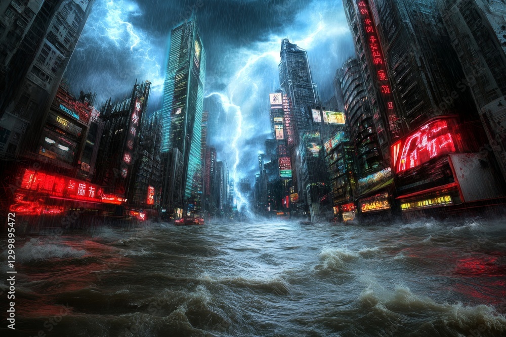 Naklejka premium A cyberpunk megacity being hit by a typhoon, with neon lights reflecting in the floodwaters