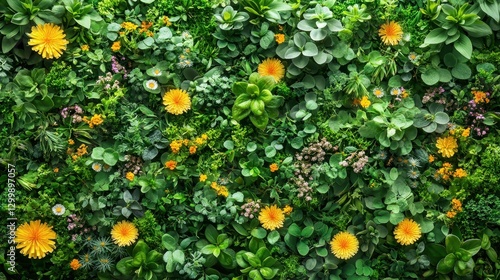 Lush green floral wall, spring blooms, nature background, vibrant, texture