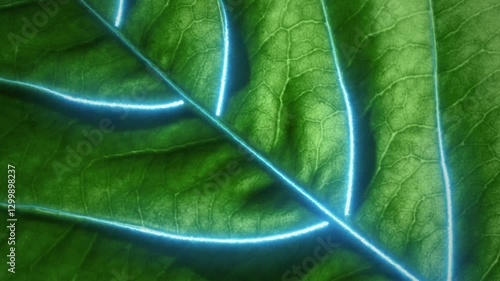 Agricultural technologies for growing plants and scientific research in the field of biology and chemistry of nature. Living green leaf with scientific data . Organic digital background
