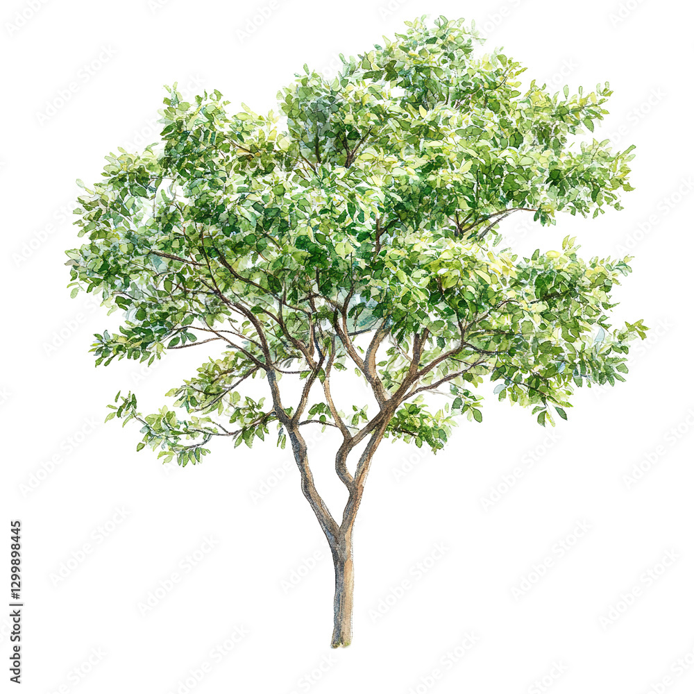 The image displays a watercolor painting of a tree with lush green foliage isolated on transparent background. The image displays a watercolor painting of a tree with lush green foliage isolated on transparent background.