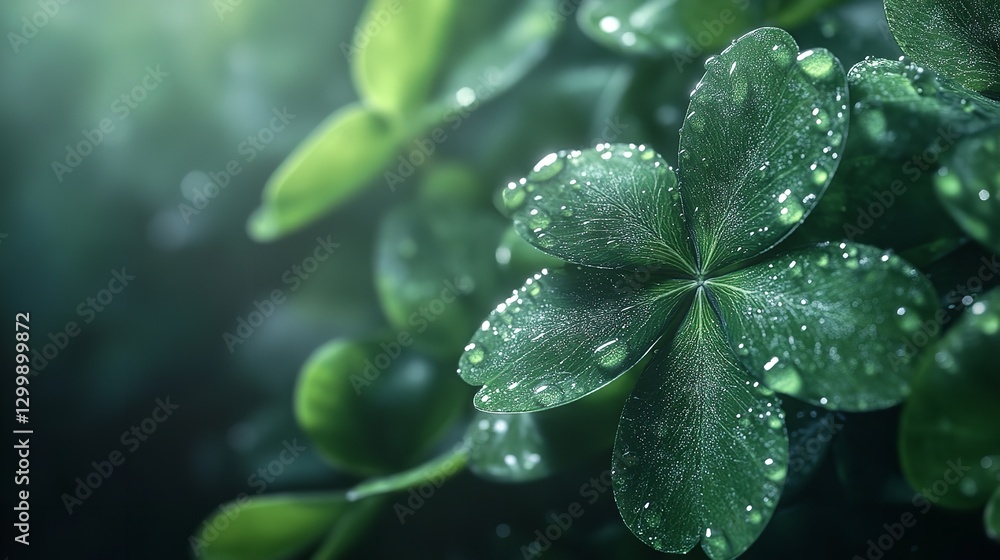 A close-up, sunlit scene featuring a four-leaf clover with dew drops, growing on a textured surface with a blurred, natural background, highlighting the morning light. A close-up, sunlit scene featuring a four-leaf clover with dew drops, growing on a textured surface with a blurred, natural background, highlighting the morning light.