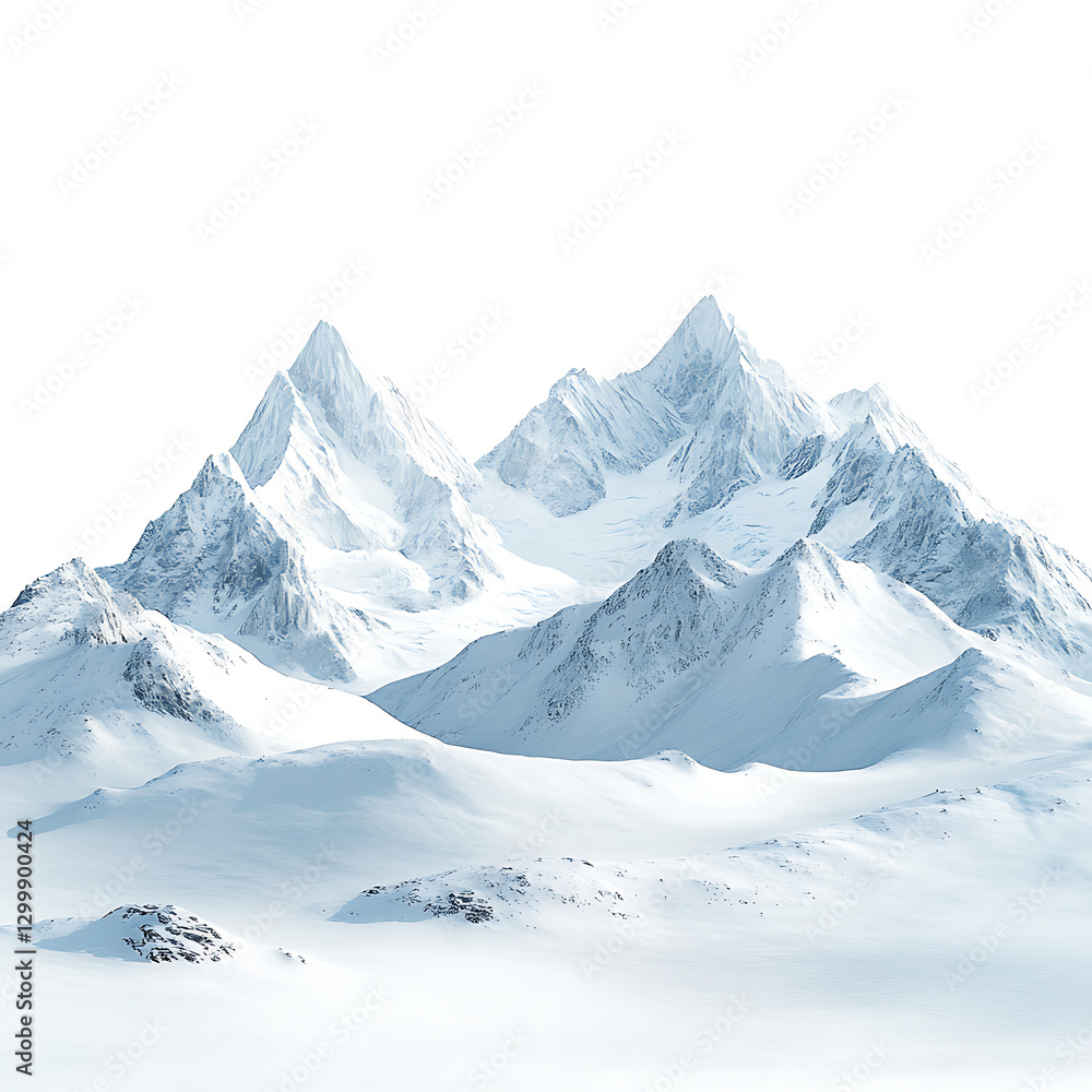 Obraz premium A mountain range covered in snow and clouds, isolated on a white and transparent background. AI generate.