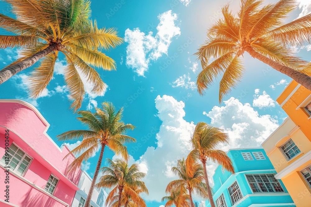 Fototapeta premium Vibrant pastel buildings framed by lush palm trees against a sunny sky. Ideal for travel, vacation, and summer themes, evokes feelings of warmth and escape.