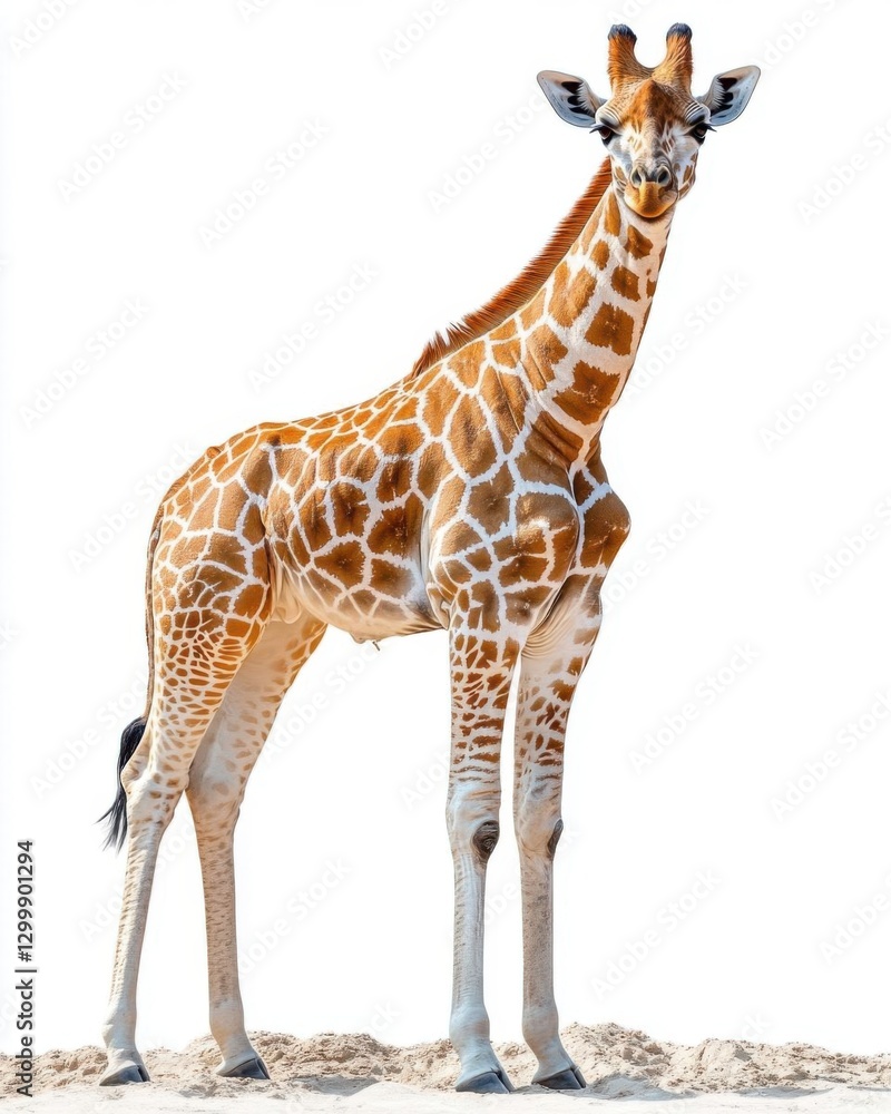 Fototapeta premium Full Body Giraffe Standing on Sand with White Background
