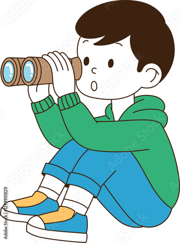 A young man looking far away with binoculars. minimal line art vector illustration.