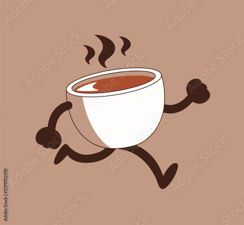 A coffee cup character with arms and legs is running. Coffee cafe logo style. minimal line art vector illustration. 