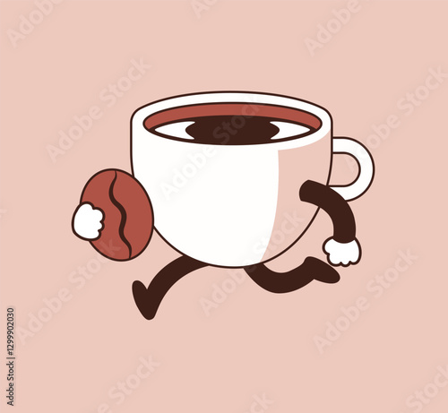 A coffee cup character with arms and legs is running. Coffee cafe logo style. minimal line art vector illustration. 