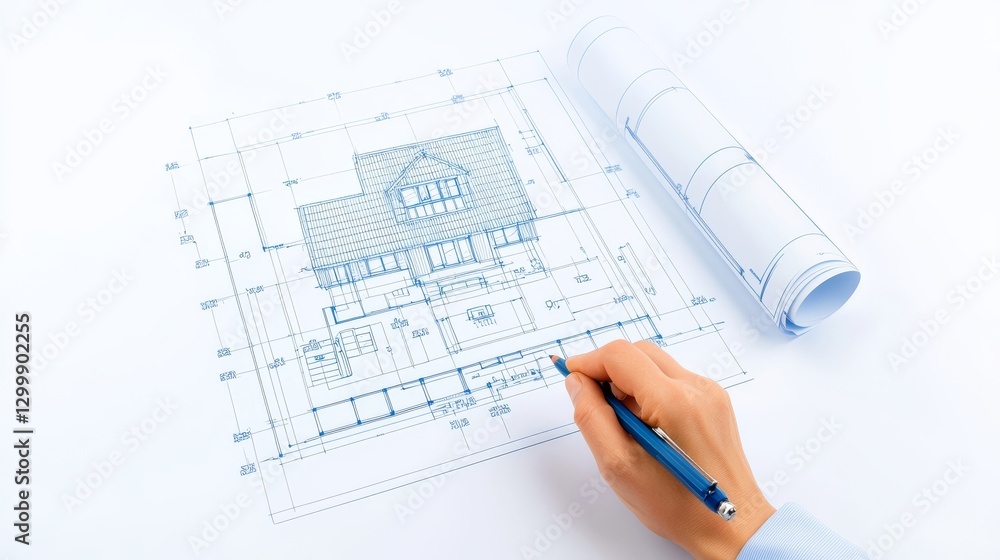 Architect drafts detailed blueprint, designing a house from concept to reality on paper