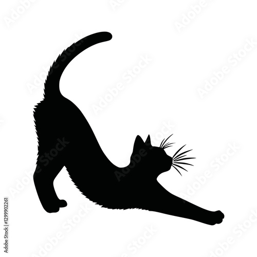 Vector silhouette of a black cat stretching on a transparent background