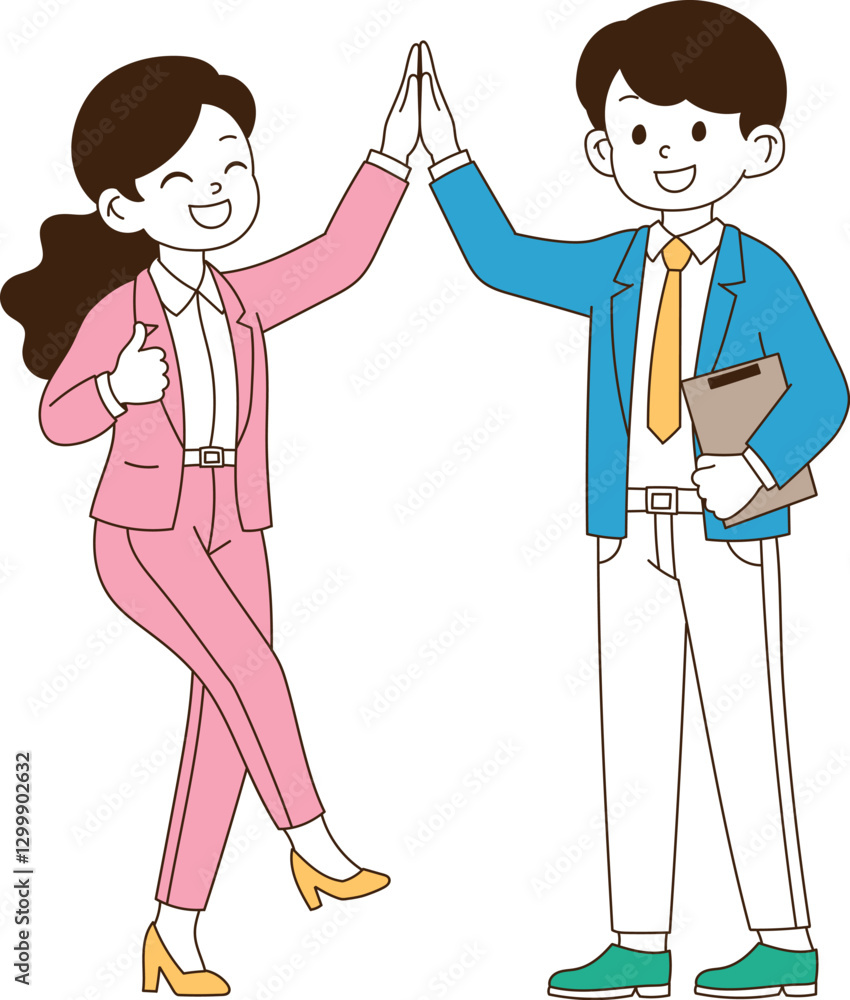 A female office worker and a male office worker are high-fiving with joy. minimal line art vector illustration. A female office worker and a male office worker are high-fiving with joy. minimal line art vector illustration.