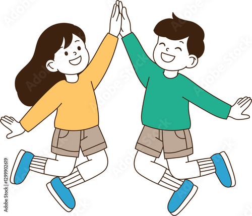 Two friends are high-fiving with joy. minimal line art vector illustration. 