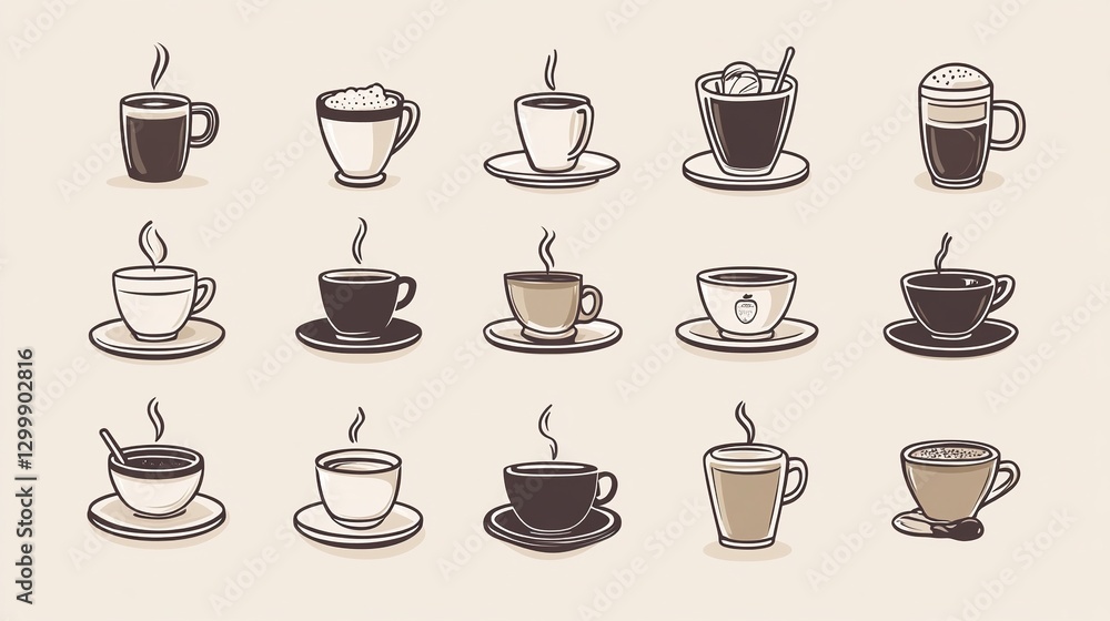 Diverse colored coffee cup icons set of various shapes like tea, drink, cocoa, cafe. Diverse colored coffee cup icons set of various shapes like tea, drink, cocoa, cafe.