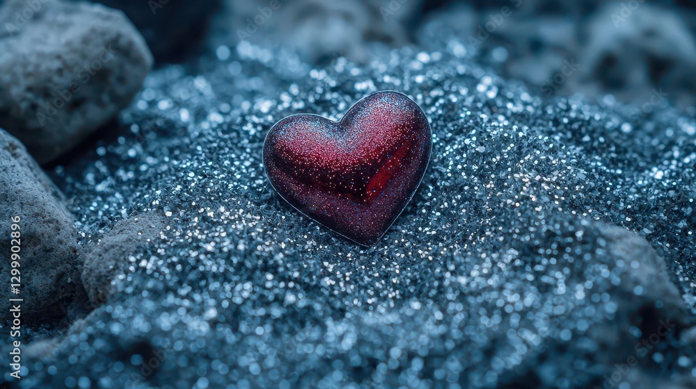Fototapeta premium Heart shaped glass sitting on a rough rock surface in natural outdoor setting