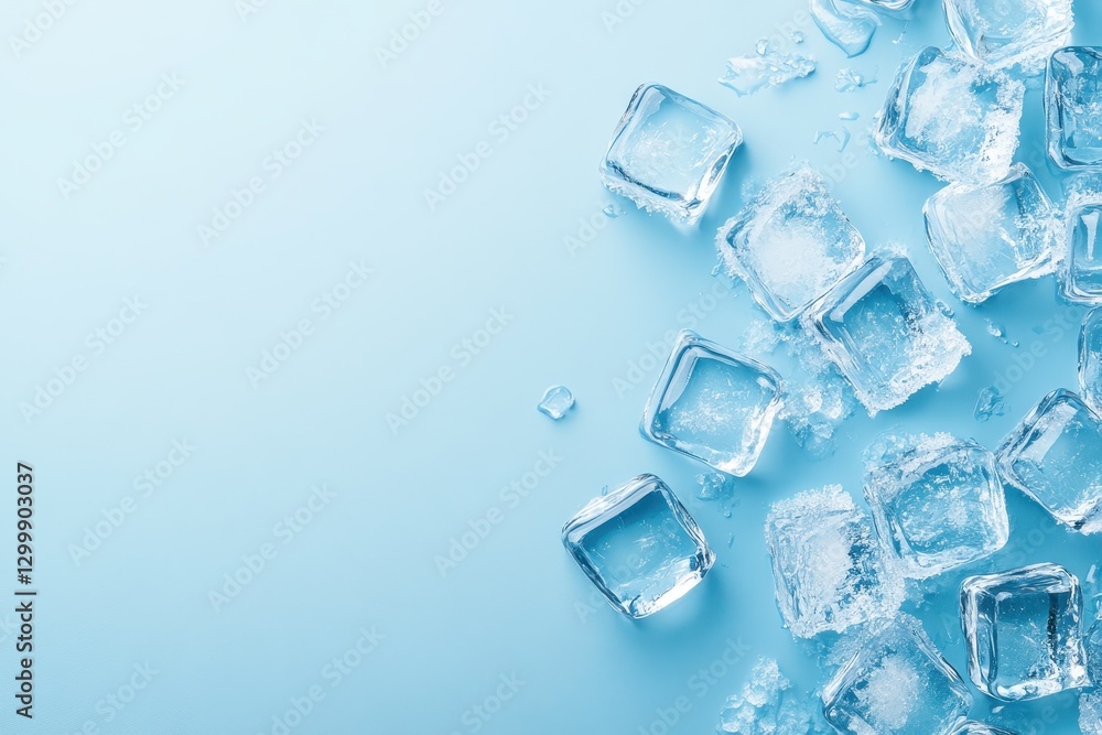 Many sparkling ice cubes placed on light blue solid background Many sparkling ice cubes placed on light blue solid background