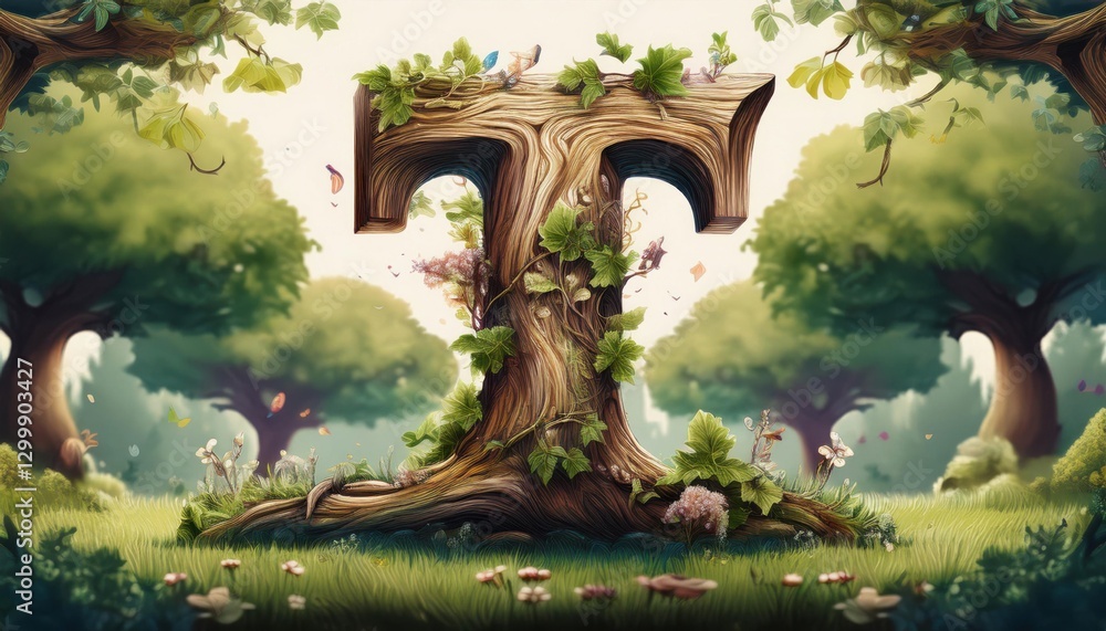 Obraz premium The letter T formed by two intertwined tree trunks with leafy branches and mushrooms growing on the bark.