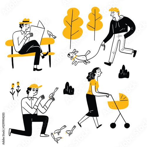 People going about their daily lives or doing different activities in the park. Hand drawing vector illustration.