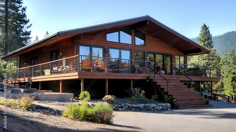 Fototapeta premium Wooden House With Large Windows and Deck Surrounded by Lush Green Trees