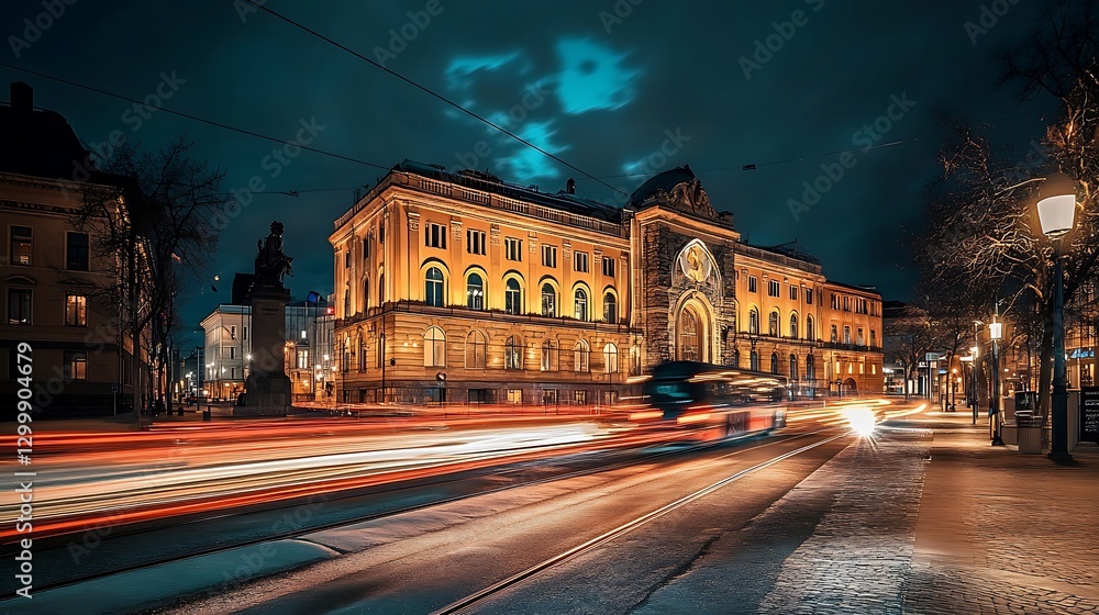 Fototapeta premium Car light trails on a street in Bucharest, Romania.