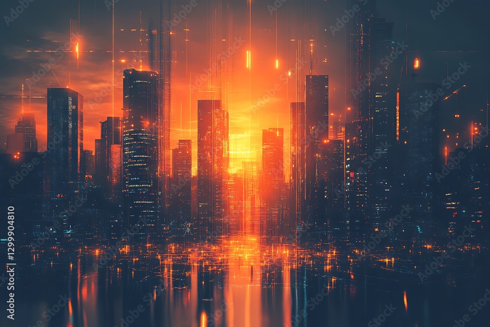 Fototapeta premium Buildings with luminous effects displayed in a futuristic city scene