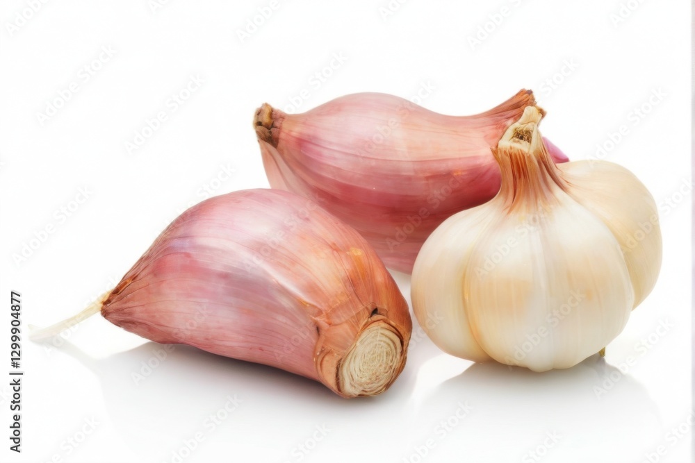 Fototapeta premium Garlic bulbs in triangular arrangement on reflective surface against white background, showcasing vibrant color variations and mirrorlike effect.