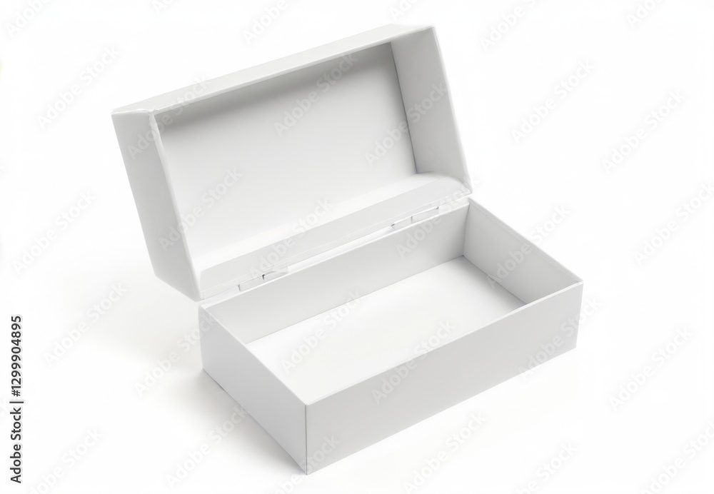 White glossy rectangular box with sleek surface and slightly open lid, against plain white background as the focal point. White glossy rectangular box with sleek surface and slightly open lid, against plain white background as the focal point.