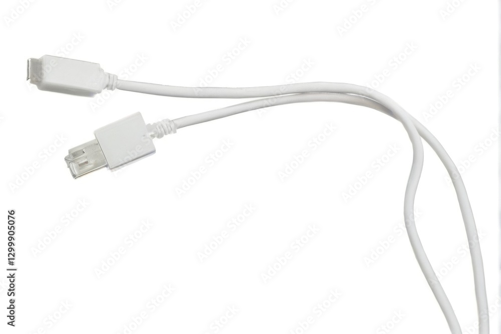 Coiled white USB cable with silver connector, thin and flexible, rectangular shape with center hole, isolated on plain white background. Coiled white USB cable with silver connector, thin and flexible, rectangular shape with center hole, isolated on plain white background.