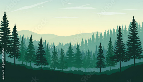 Vector art showing blue-toned mountains with setting sun.