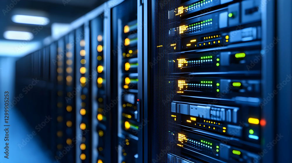 Rows Of Illuminated Server Racks In A Modern Data Center With Blue And Yellow Lights Rows Of Illuminated Server Racks In A Modern Data Center With Blue And Yellow Lights