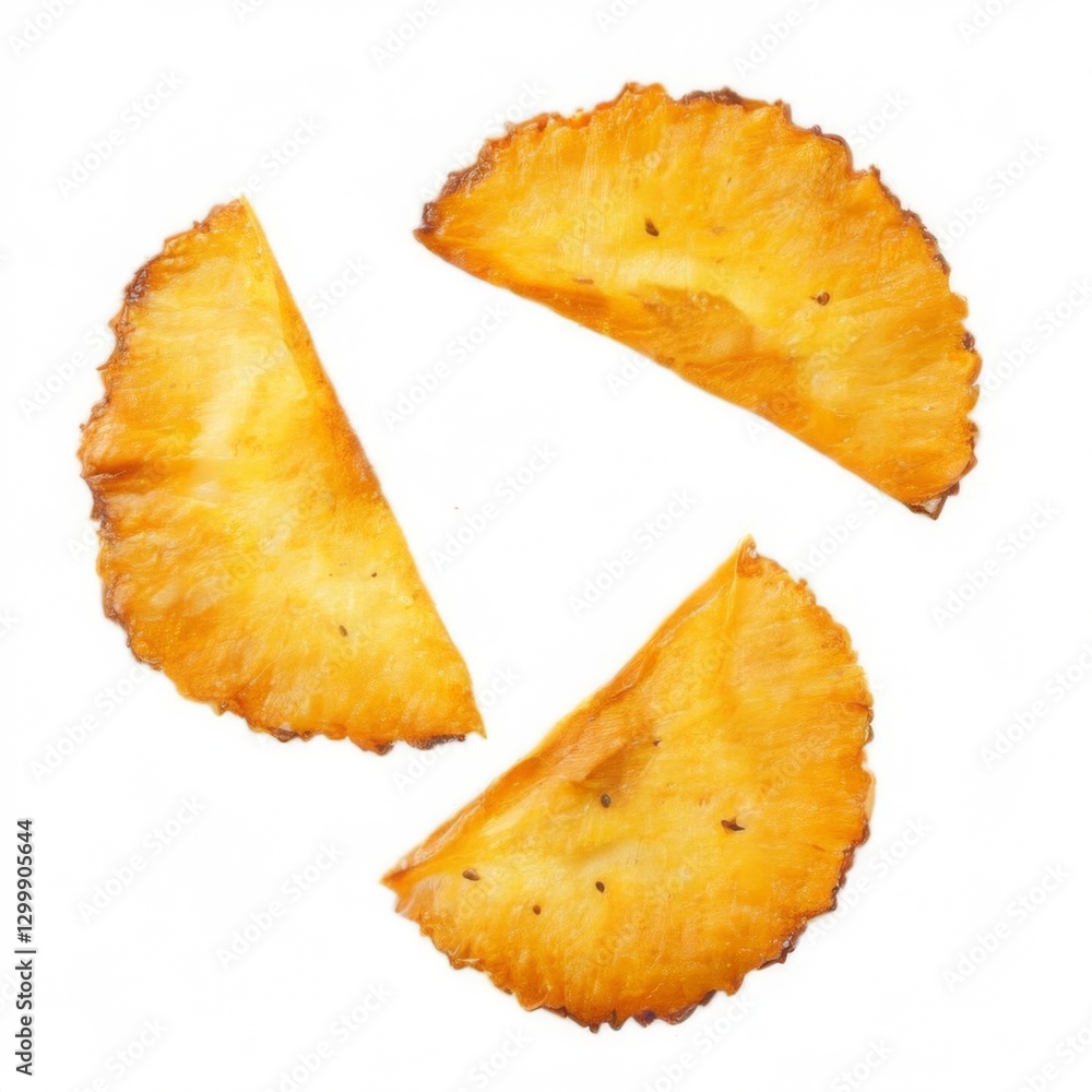 Golden brown crispy potato chips arranged in a triangular formation on white background. Golden brown crispy potato chips arranged in a triangular formation on white background.