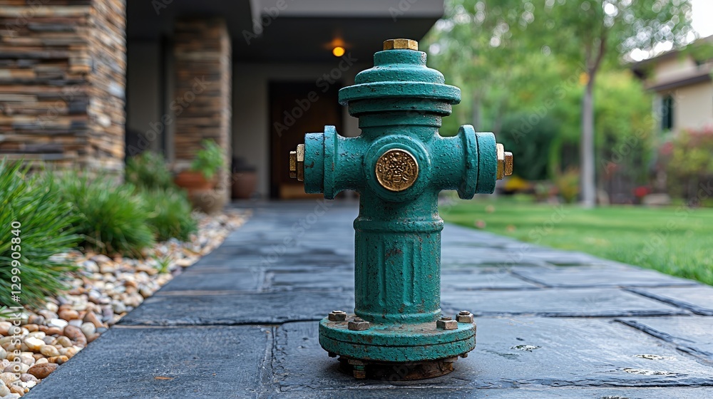 A vibrant teal fire hydrant stands prominently on a stone pathway in a suburban garden setting A vibrant teal fire hydrant stands prominently on a stone pathway in a suburban garden setting