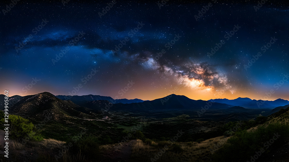 Panoramic View of the Milky Way Galaxy Over a Mountainous Landscape at Night with a Blue Hue Panoramic View of the Milky Way Galaxy Over a Mountainous Landscape at Night with a Blue Hue