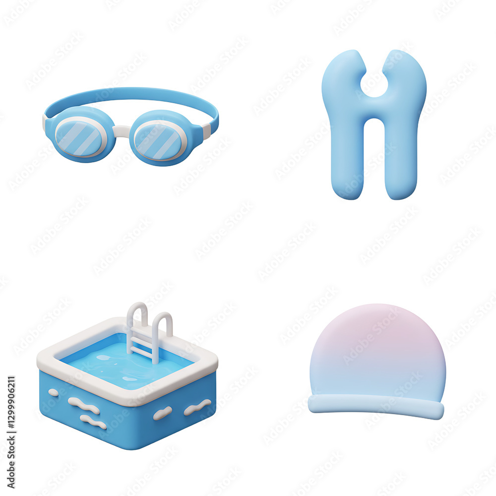 Fototapeta premium Swimming pool elements goggles float and cap against white background