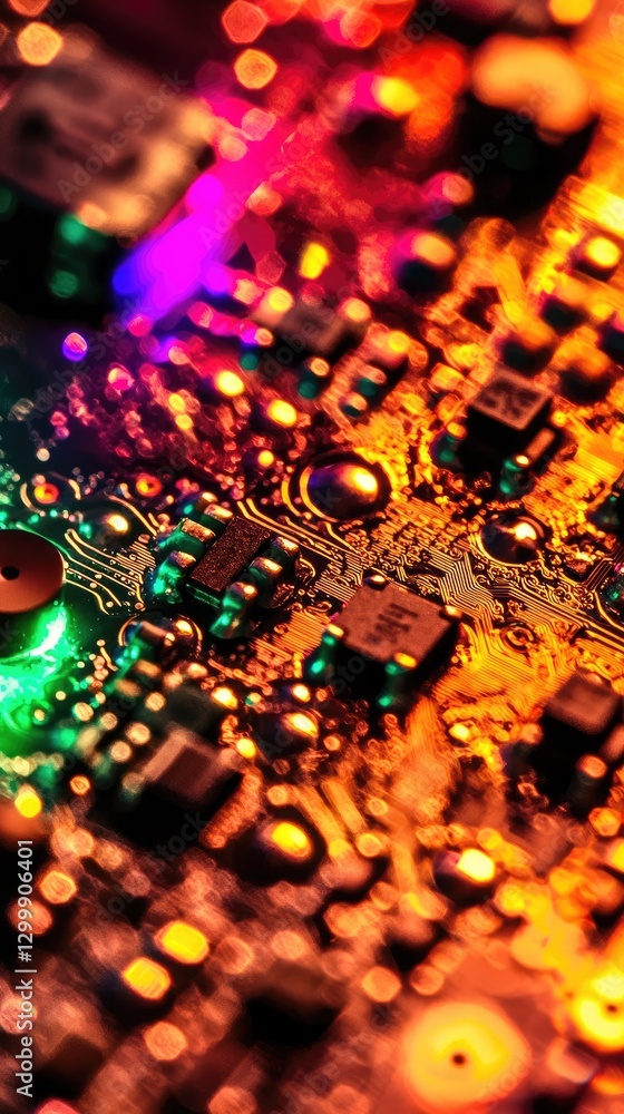 Illuminated circuit board close-up, technology, vibrant colors, bokeh background, tech design Illuminated circuit board close-up, technology, vibrant colors, bokeh background, tech design