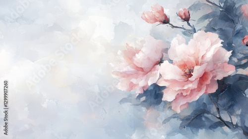 Captivating pink floral painting on blue, a serene impression of blossoming flowers