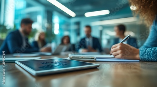 Business Meeting Analysis Team Reviewing Data on Tablet Technology Collaboration
