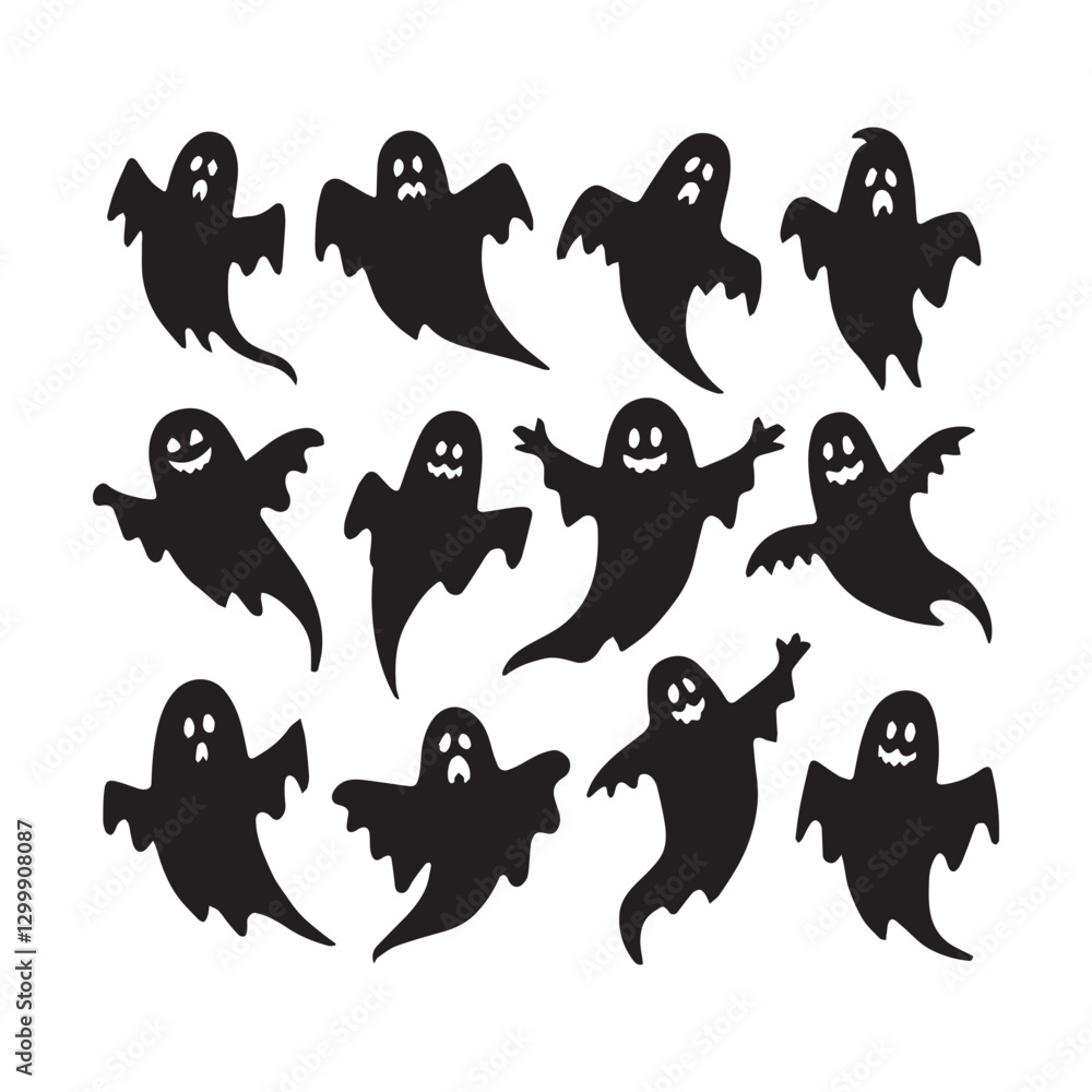 Fototapeta premium Ghost Halloween horror silhouettes set, large pack of vector silhouette design, isolated white background