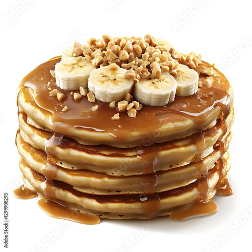 Fluffy Pancake Stack Topped with Peanut Butter, Banana Slices, and Crushed Nuts for a Tasty Breakfast Treat