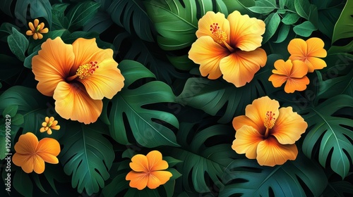 Lush Tropical Hibiscus Flowers, Dark Green Leaves, Summer Background,  Website Banner