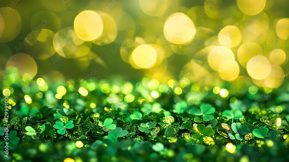 Obraz premium A festive St. Patrick's Day scene featuring shamrock leaves scattered amongst sparkling gold glitter, with a blurred background of green and gold bokeh lights.