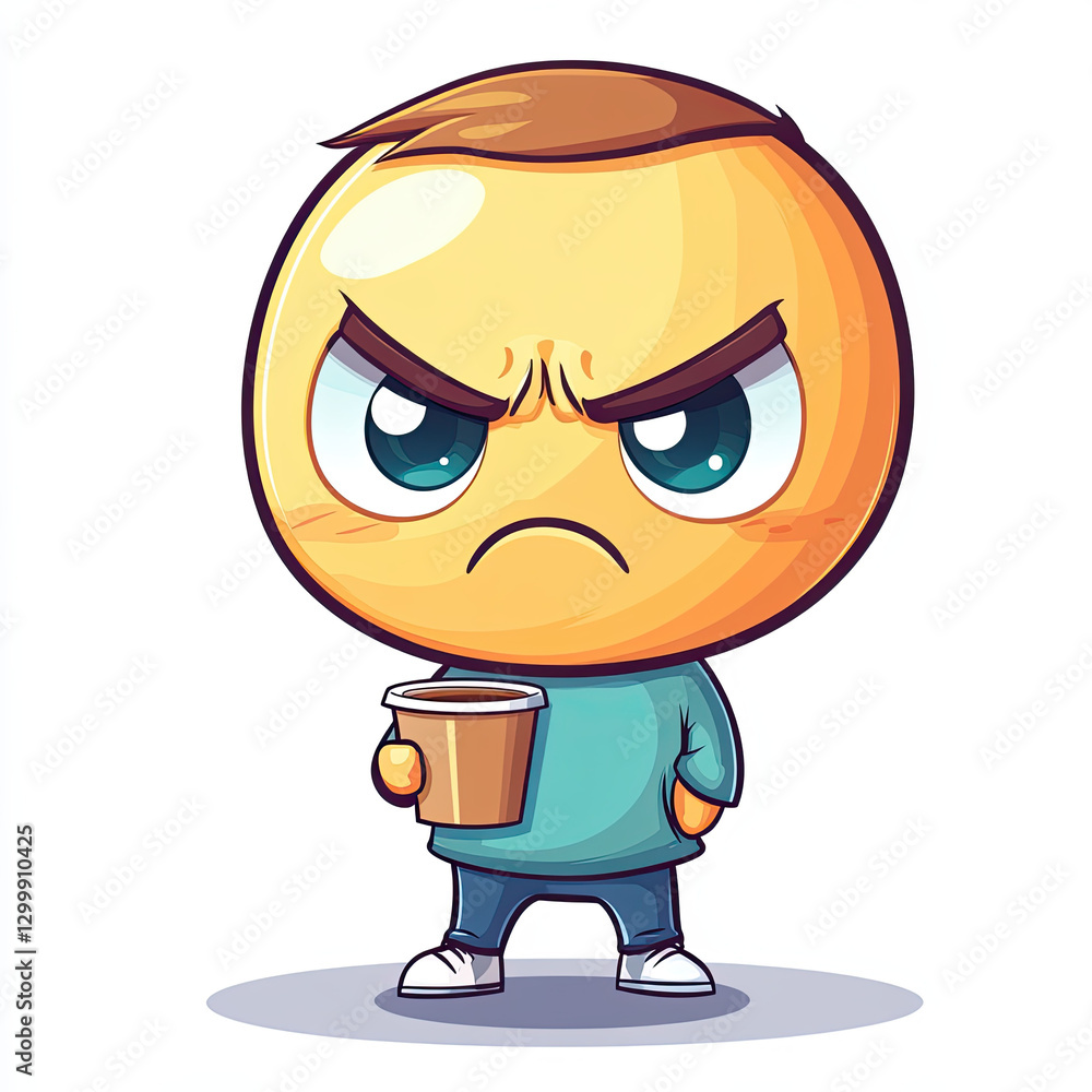 Chibi emoji with grumpy expression holding coffee cup, morning mood Chibi emoji with grumpy expression holding coffee cup, morning mood