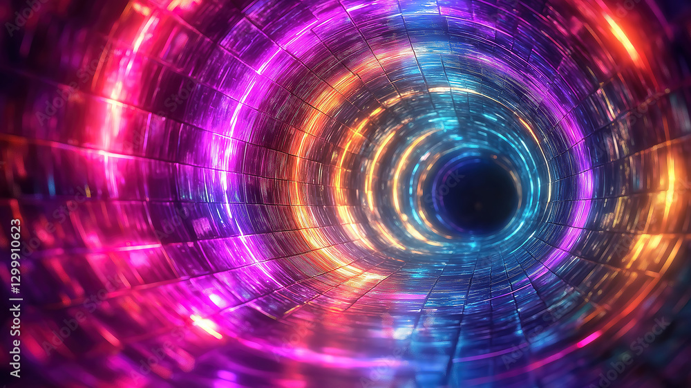 Vibrant neon geometric tunnel with rotating squares in blue pink purple glowing colors