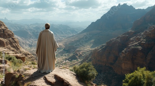 Man in Robe Contemplates Vast Mountainous Landscape