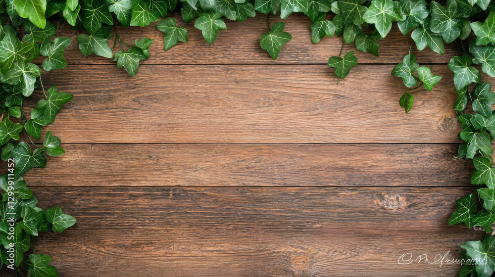 Wooden background with green ivy leaves framing the edges. Wooden background with green ivy leaves framing the edges.